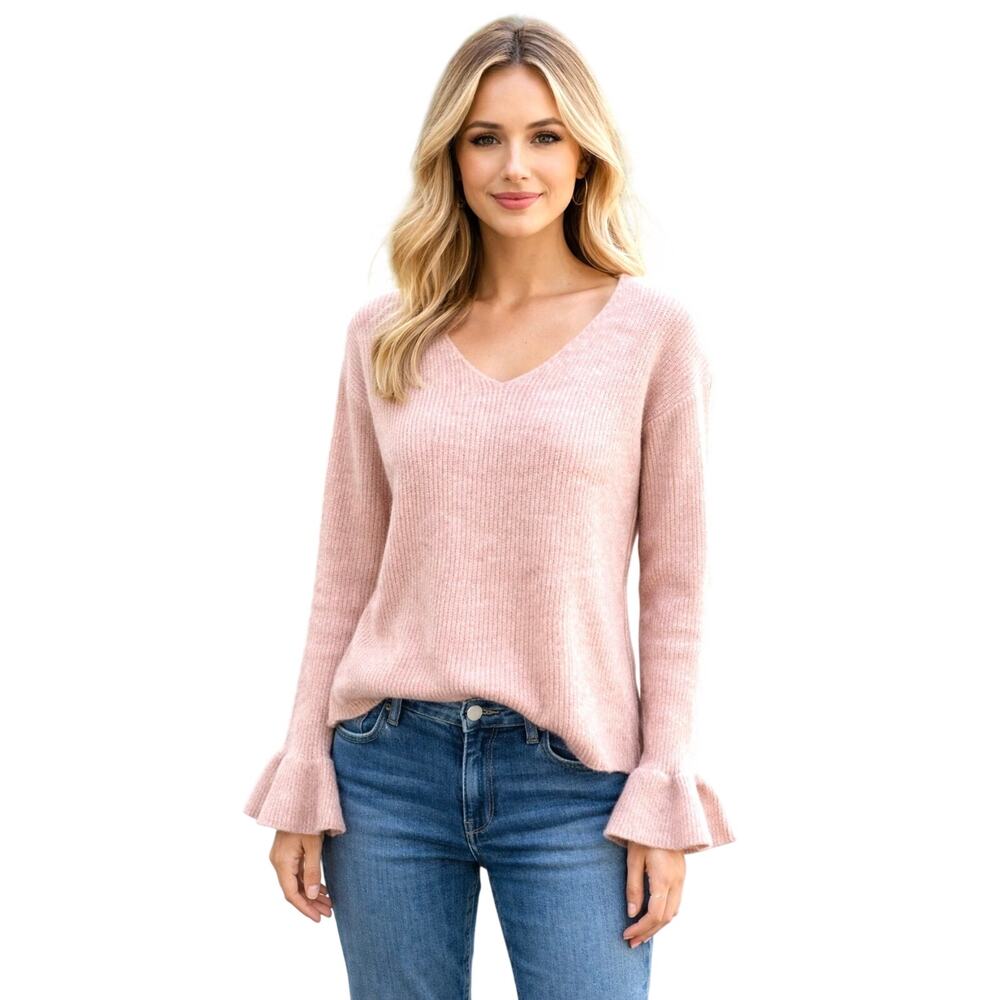 Vero Moda Blush Pink Ribbed V Neck Bell Sleeve Sweater Medium